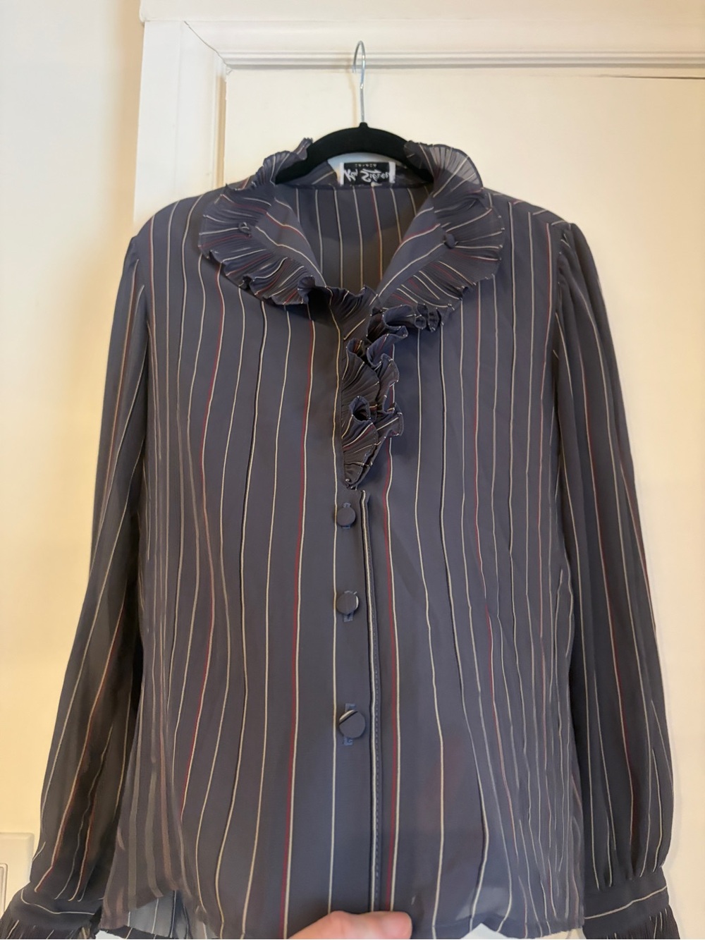 Vintage 70s Ruffle-Trim Navy Pinstripe Blouse - Picture 4 of 12